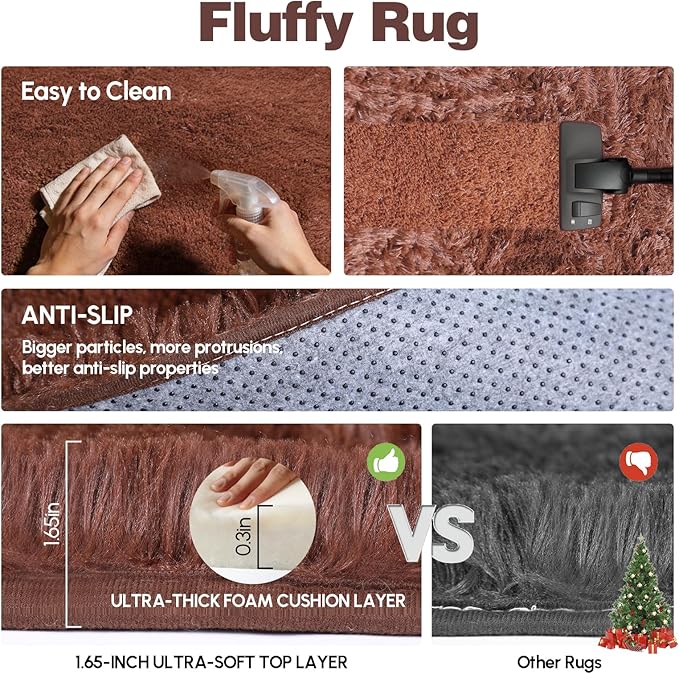8x10 Area Rugs Living Room, Brown Large Plush Fluffy Bedroom Carpet, Non-Slip Upgraded Indoor Thick Soft Rug, Modern Plush Carpet Suitable for Kids Home Decor Aesthetics Dorm.