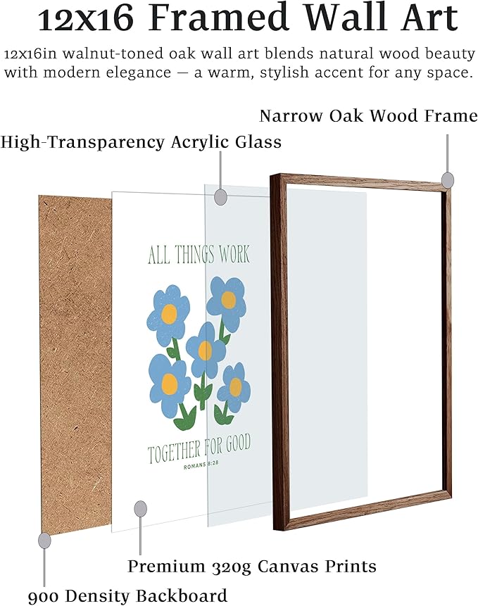EcoHest Walnut Color OAK Wood God Framed Wall Art, 12x16in Romans 8:28 All Things Work Bible Verse Christian Wall Art, Modern Blue Flower Bedroom Decor For Living Room Bathroom Christian Gift 1Pack