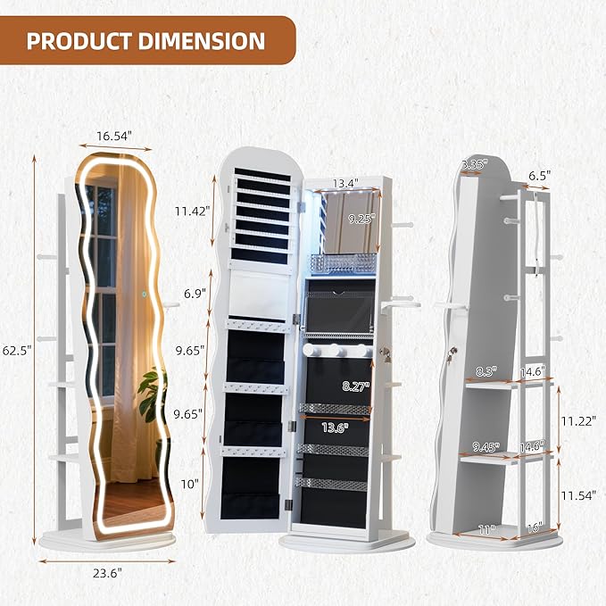 Vlsrka LED Mirror Jewelry Cabinet Standing, 360° Swivel Jewelry Aromire Organizer with Wavy Mirror, Lockable Jewelry Mirror with Storage, Jewelry Cabinet, Interior Mirror, Flodable Shelf, (LED White)