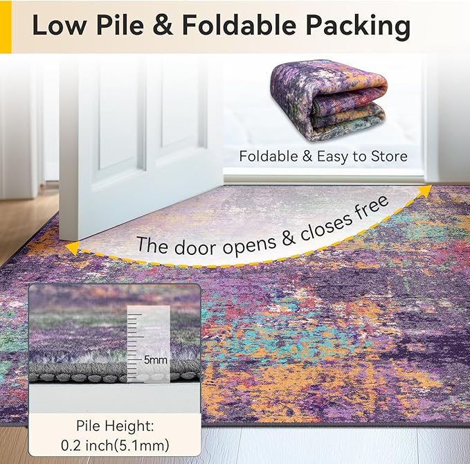 RELEANY Washable Area Rugs 2'x6' Non-Slip Modern Abstract Soft for Living Room Entryway Bedroom Nursery, Print Pattern, Purple Orange Blue Green Rust Red Colorful