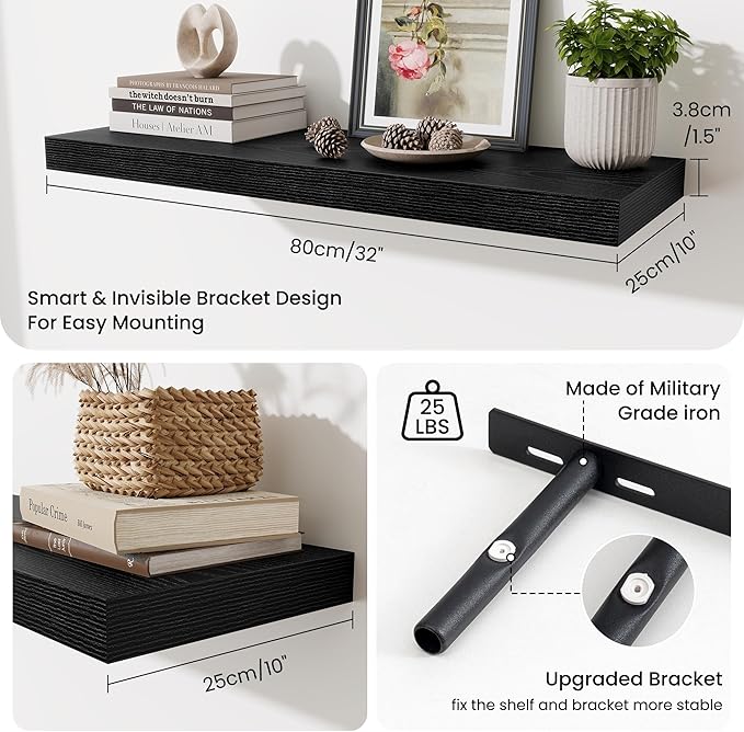 Fun Memories Floating Shelves for Wall, 32 Inch Long Floating Shelves Set of 2, 32 x 10 Wooden Shelves for Wall, Large Storage Shelves, Hanging Shelves for Bathroom Kitchen Bedroom, Black