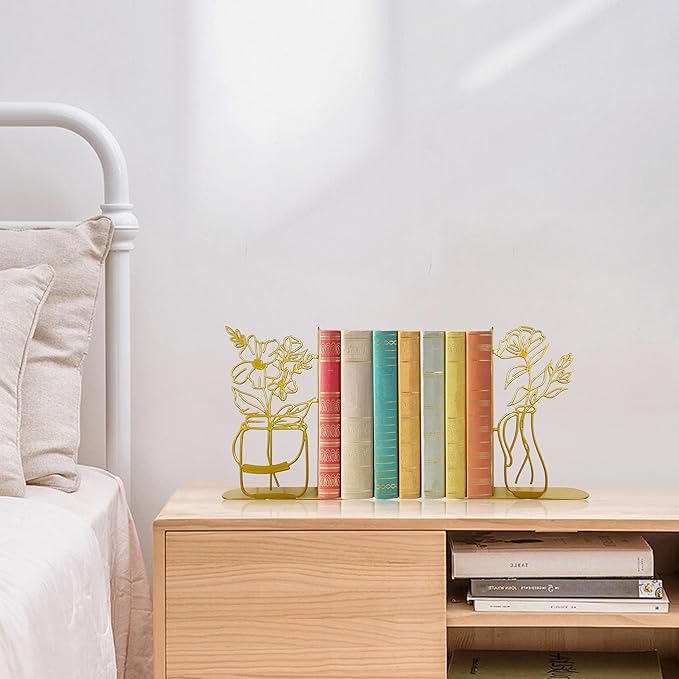 Metal Flower Vase Book Ends, Cute Book Ends for Office Home Decor Decorative Book Ends for Shelves, Ideal Gift for Book Lovers(Gold)