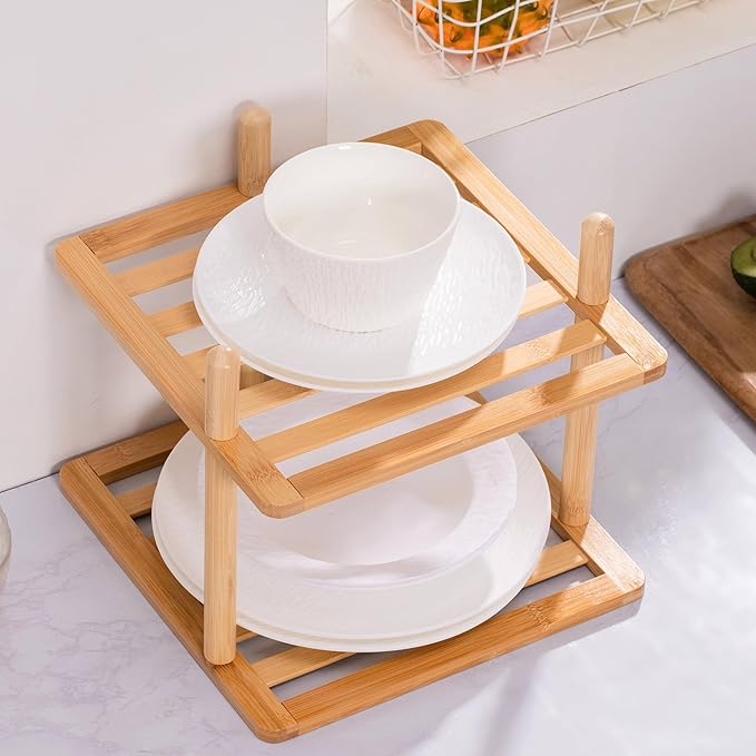 2-Tier Expandable Bamboo Corner Shelf - Dish/Plate Organizer for Cabinet, Kitchen Counter Shelf & Small Kitchen Shelf, Adjustable (1, Natural, 6.7" H-Large)