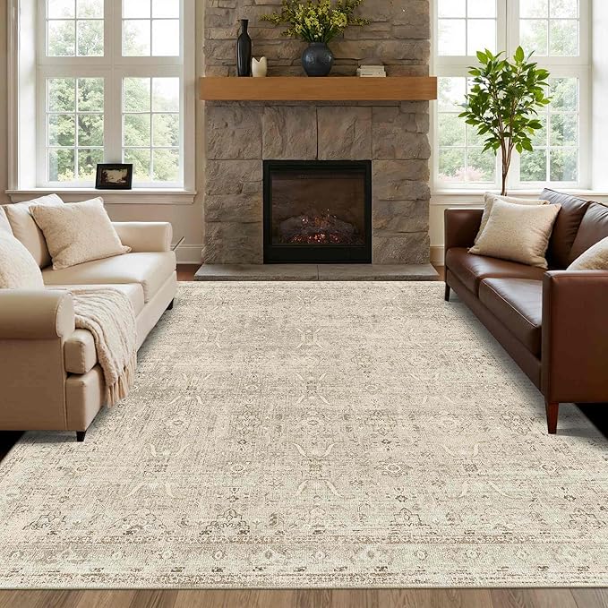 Rugxara 8x10 Area Rugs for Living Room Bedroom, Beige Large Washable Neutral Rug, Vintage Floral Retro Boho Non Slip & Low Pile Carpet for Indoor Dining Room, Classroom, Dorm, Nursery and Kids Room