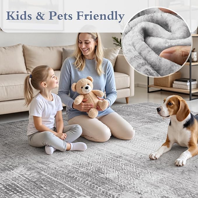 8x10 Area Rugs for Living Room Non Slip Machine Washable Rug Distressed Abstract Soft Indoor Carpet Neutral Boho Rug for Bedroom Dining Room Playroom Office, Grey