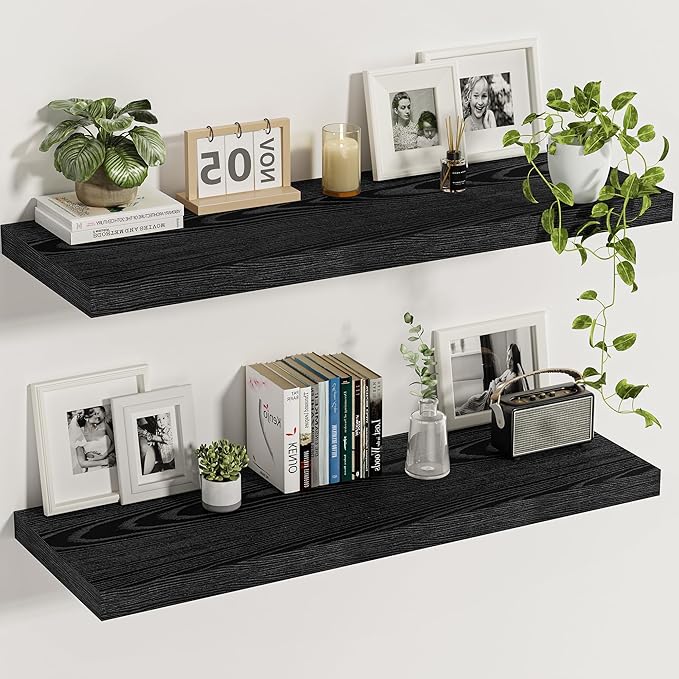 Vivelove Black Floating Shelves, 12" Deep Wall Shelves for Bedroom, Living Room, Kitchen, Office, Rustic Home Decor Shelf with Invisible Brackets, 36X12X1.5, Set of 2