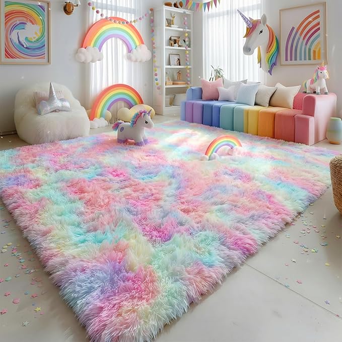 Amdrebio Rainbow Area Rugs for Girls Bedroom Kids Room Decor, 9x12 Large Pastel Colorful Rug for Playroom, Cute Unicorn Shaggy Rugs for Baby Princess, Kawaii Fluffy Plush Big Carpet for Living Room