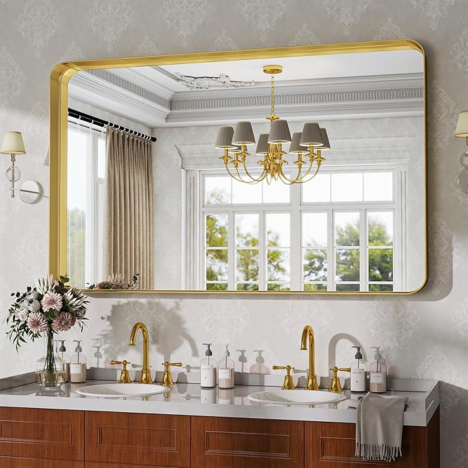Bathroom Mirrors for Over Sink 30 x 48 Inch Rounded Corner Rectangle Bathroom Vanity Mirror Bathroom Mirror for Wall Hangs Horizontally or Vertically for Living Room Bedroom Entryway Gold
