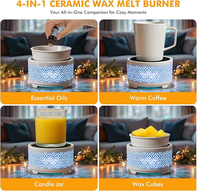 Wax Melt Burner Ceramic Electric 4-in-1 Candle Warmer Lamp with 7-Color LED Light Fragrance Oil Burner for Scented Wax Candle Jar Home Office Bedroom Decor Gifts for Women Mom - Flower Pattern