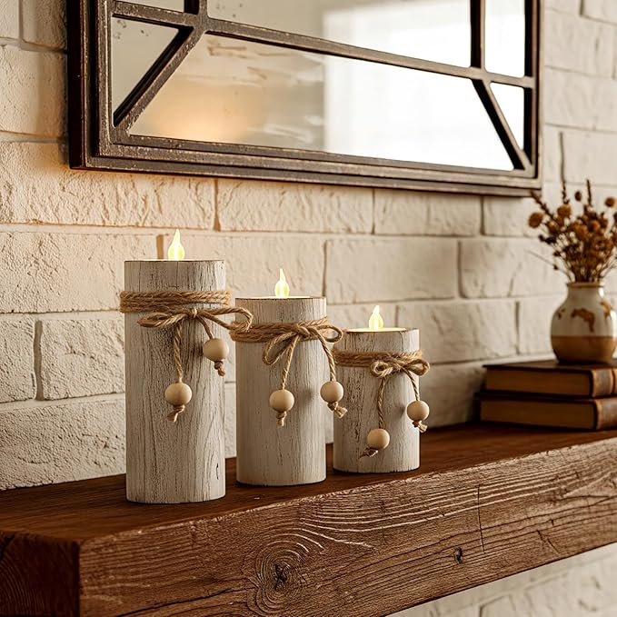 MelonBoat White Pillar Candle Holder:Farmhouse Candle Holders with Battery Operated Candles, Farmhouse Decor with Flameless LED Candles, Wood Centerpieces for Table 3-Pack for Holiday Party Home Decor