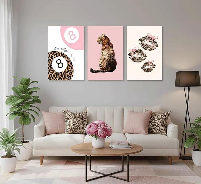 3Pcs Pink Trendy Leopard Print Canvas Wall Art,Fashion Cheetah Poster,Lucky 8-Ball Lip Bow Picture,Preppy Y2K Artwork Wall Decor for Bedroom Dorm Apartment.12x16in Framed