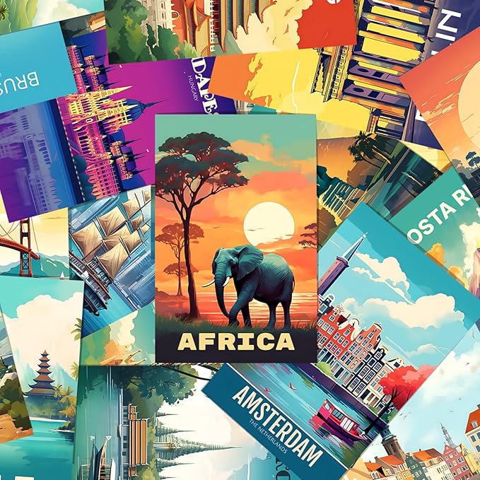 KBKBART Vintage Travel Decor Posters, 50 Pcs Retro Wall Art Prints, Trendy Travel Poster Aesthetic Pictures, Around The World Mini City Landscape Photo Wall Collage Kit 4"x6" for Teen Dorm Bedroom Decor