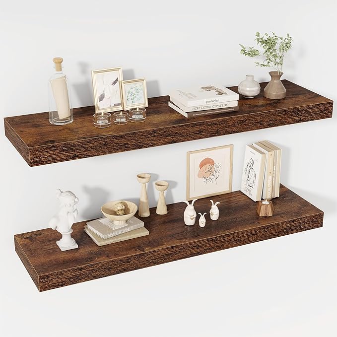 Acovy 40 Inch Floating Shelves, 12" Deep Floating Shelf Wall Mounted, 40" Wall Shelves, Rustic Deep Bookshelf, Extra Deeper & Thicker Display Shelves for Bedroom, Living Room, Brown, Set of 2