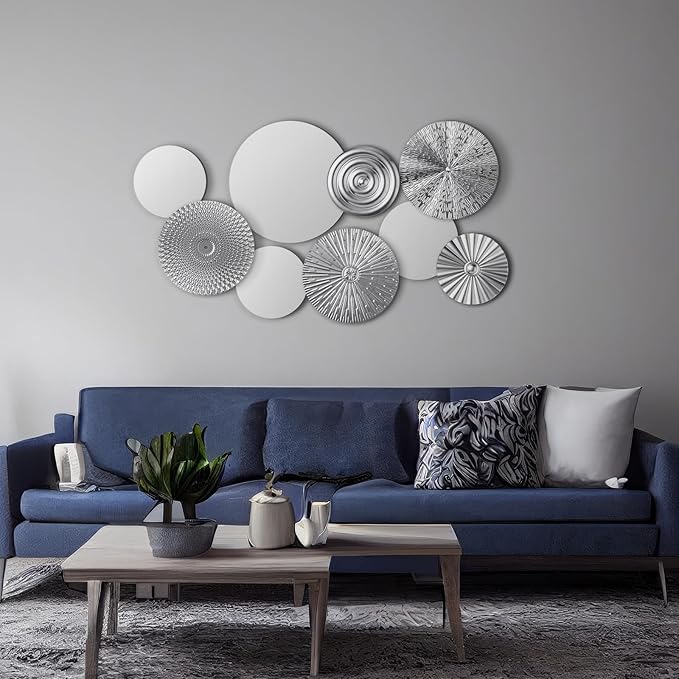 Blulu 9 Pcs Silver Mirror Wall Decor Metal Round Home Art Decor Decorative Modern Circle Mirror Wall Art Sculpture Hanging Decorations for Home Living Room Office