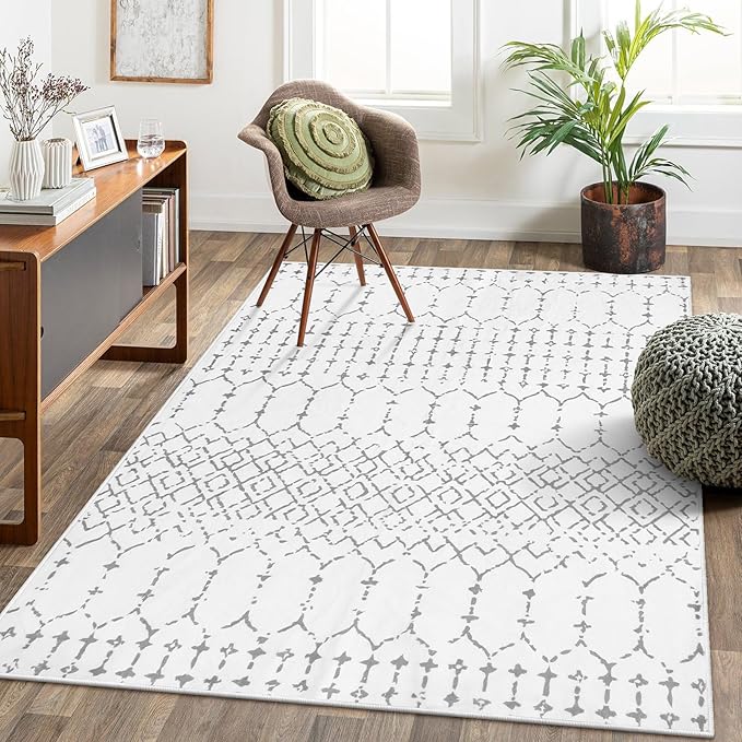 Lahome Moroccan Living Room Area Rug Washable Rugs 5x7 Non-Slip Soft Throw Rugs for Bedroom White Lightweight Large Rug, Modern Geometric Print Low-Pile Capet for Classroom Office Dining Room Hana