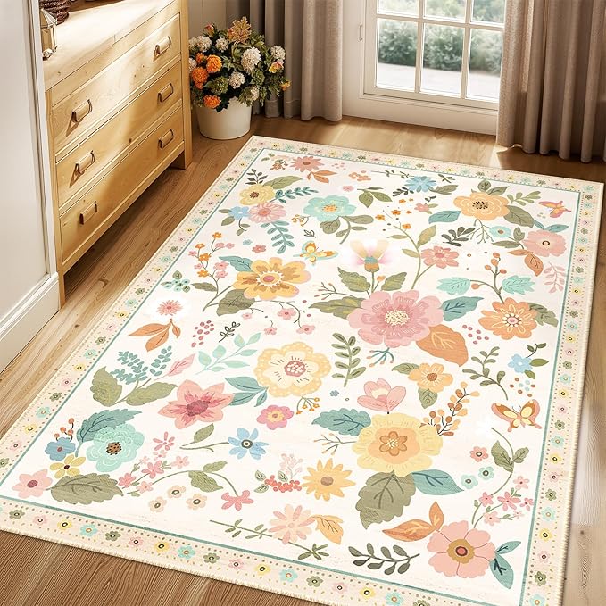 RELEANY Floral Nursery 4x6 Area Rugs Washable Print Boho Cute Carpet Non Slip Flower Low Pile for Living Room Kids Girls Playroom Bedroom Kitchen Office Farmhouse-Beige/White/Orange