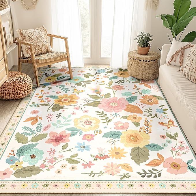 RELEANY Floral Nursery 5x7 Area Rugs Washable Print Boho Cute Carpet Non Slip Flower Low Pile for Living Room Kids Girls Playroom Bedroom Kitchen Office Farmhouse-Beige/White/Orange