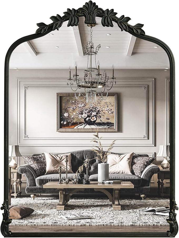 WallBeyond Black Antique Mirror for Vanity 24x32 Inch, Black Vintage Mirror with Ornate Frame, Arched Vintage Wall for Bathroom, Living Room, Fireplace