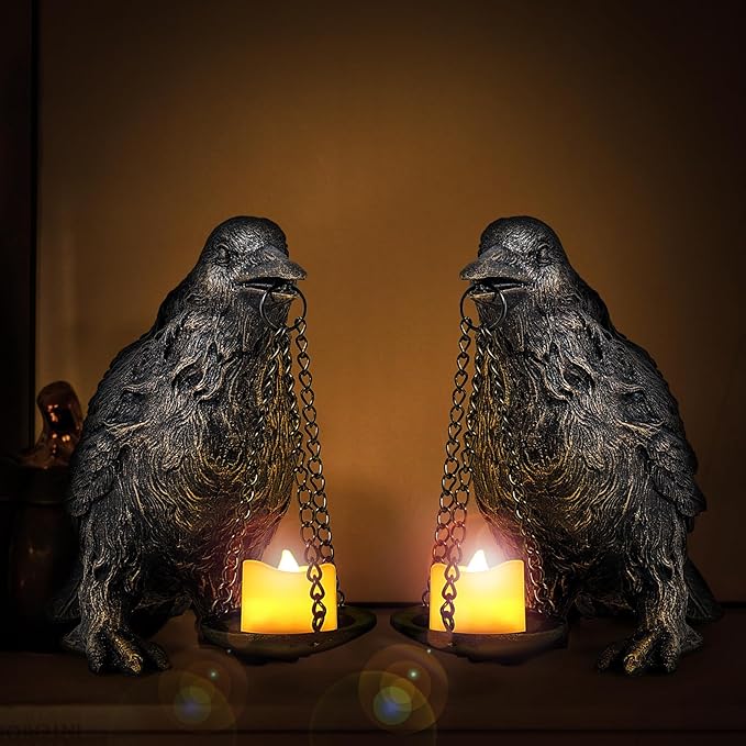 Gothic Crow Lamp with Tealight Candle Holder Resin Raven Decor Statue Gothic Home Decor for Bedroom Unique Goth Gifts Half Gold 2P