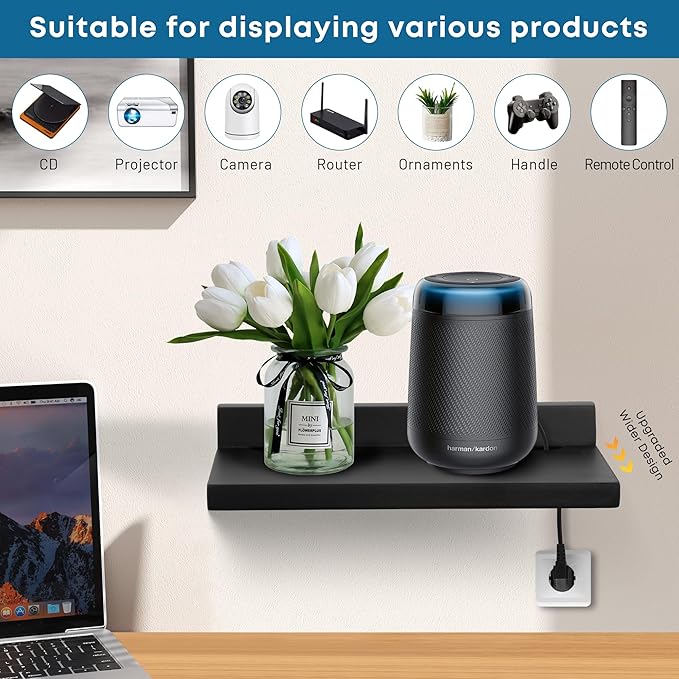 Small Floating Shelf for Wall,9X5 Inch Wall Mounted Shelf with Cord Hole,Small Display Shelves for Cameras, Webcam, Router,Smart Speaker,Action Figures-2 Pcs(Black