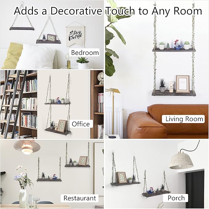 MITIME Hanging Shelves for Indoor Wall and Window - Floating Wall Shelves for Plant Display, Boho Style Home Decor.(Leaf Rope, Retro Color,Large*2)