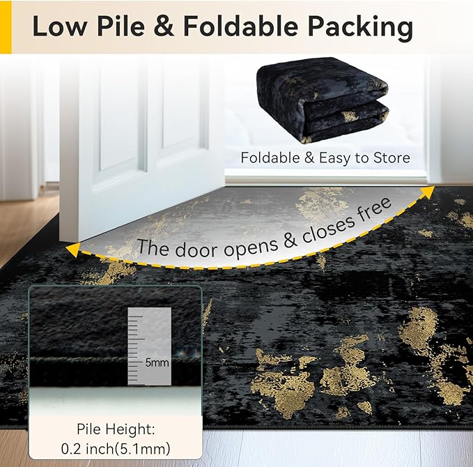 RELEANY Washable Area Rugs 8'x10' Non-Slip Modern Abstract Soft for Living Room Entryway Bedroom Nursery, Print Pattern, Dark Black Gold