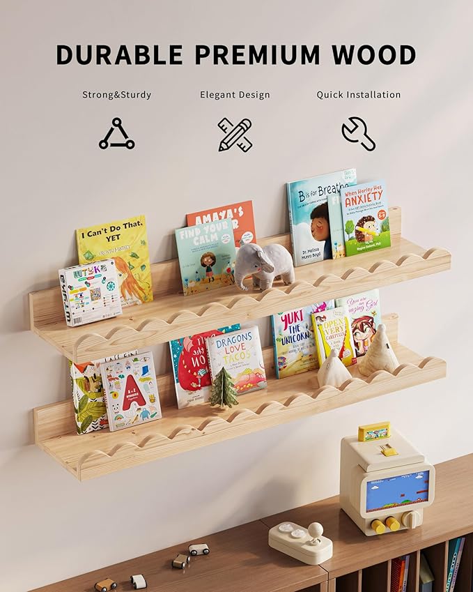 Nursery Book Shelves, Set of 3, Nursery Decor for Baby and Toddler, Scalloped Shelves, Book Shelf for Kids Rooms, Wall Book Shelf for Bedroom Kids, Floating Shelf for Wall (Wood, 23.5 Inches)