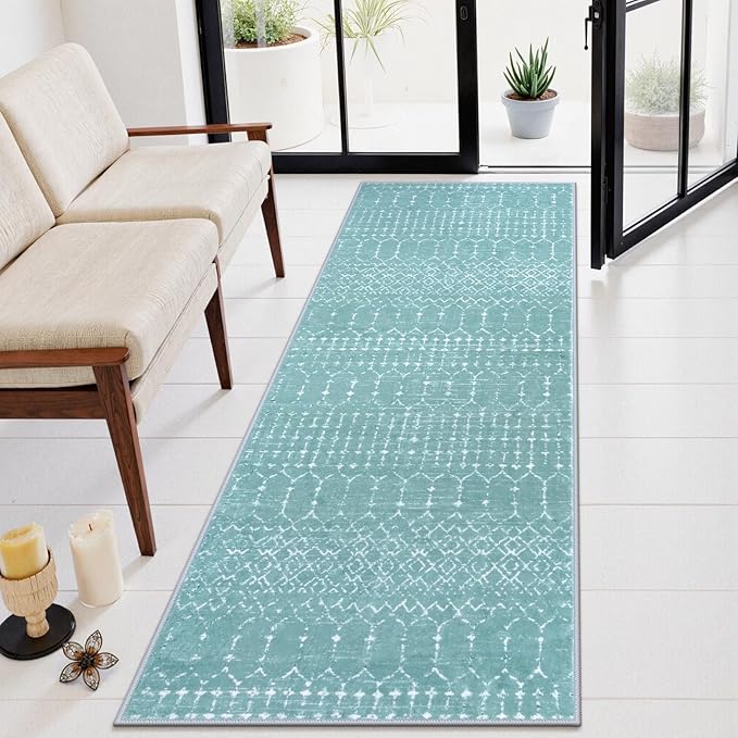Lahome Moroccan Green Runner Rug 2x6 Washable Non-Slip Hallway Rug Runner Kitchen Throw Untra-Thin Entryway Carpet, Geometric Print Distressed Floor Mat for Hallways Bedroom Hana