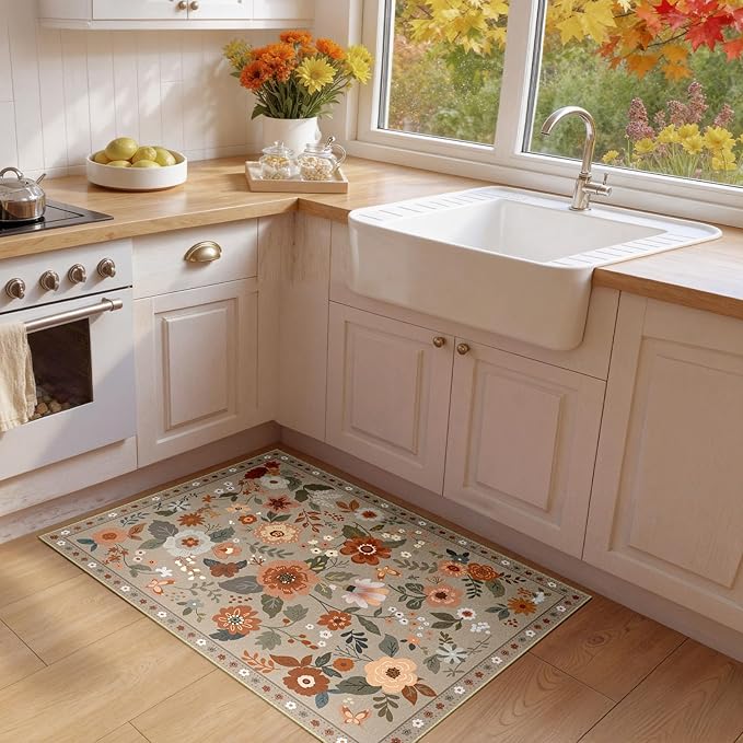 RELEANY Floral Nursery 2x3 Area Rugs Washable Print Boho Cute Carpet Non Slip Flower Low Pile for Living Room Kids Girls Playroom Bedroom Kitchen Office Farmhouse-Brown/Brick