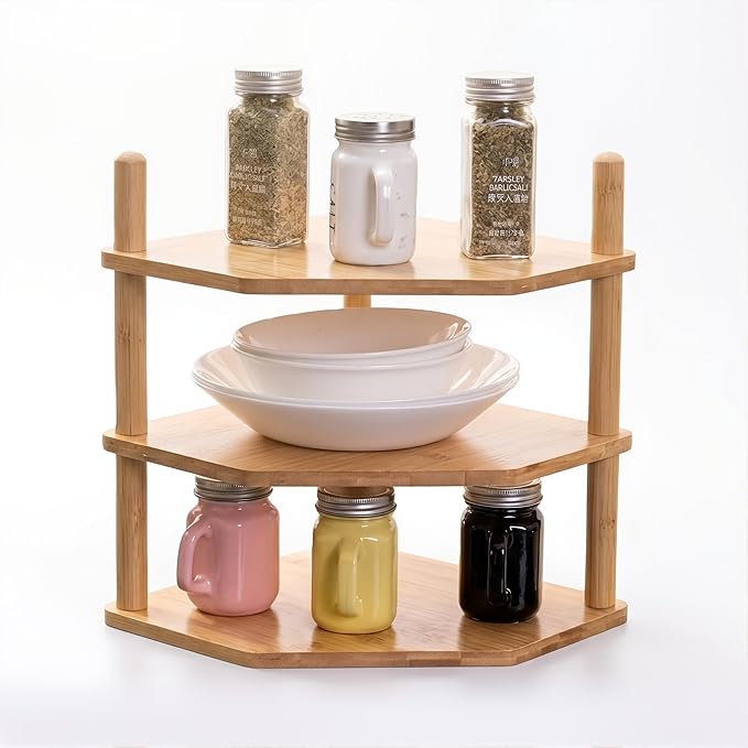 3 Tier Expandable Bamboo Corner Shelf - Dish/Plate Organizer for Cabinet, Kitchen Counter Shelf & Small Kitchen Shelf, Adjustable (1, 3Tier-3.9" H)