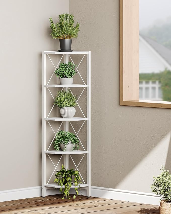 CHOEZON 5-Tier Corner Shelf, Corner Bookcase, 55.2" Tall Vertical Display Rack, Plant Stand, Open Storage Shelf, for Living Room, Bedroom, Study, Kitchen, White TCJ12WB