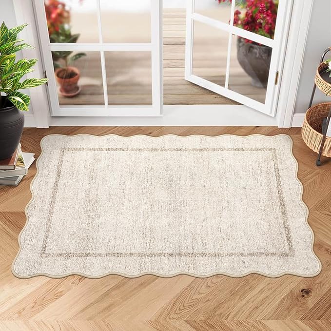 GarveeHome Scalloped Washable Rug, 2x3 Kitchen Rugs for Entryway Bathroom, Soft Door Mat Indoor Entrance Ultra-Thin, Small Non-Slip Throw Carpet for Bedroom Entry Laundry, Beige