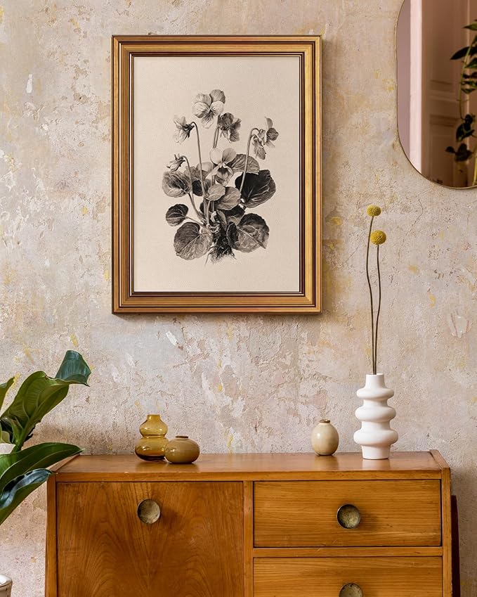 Bzstyleart Vintage Wall Art Decor for Living Room, Gold Framed Flower Wall Art Vintage Travel, Sketching Painting Picture, Home Decor Aesthetic for Kitchen Bathroom, Viola Sororia, 12L x 16W