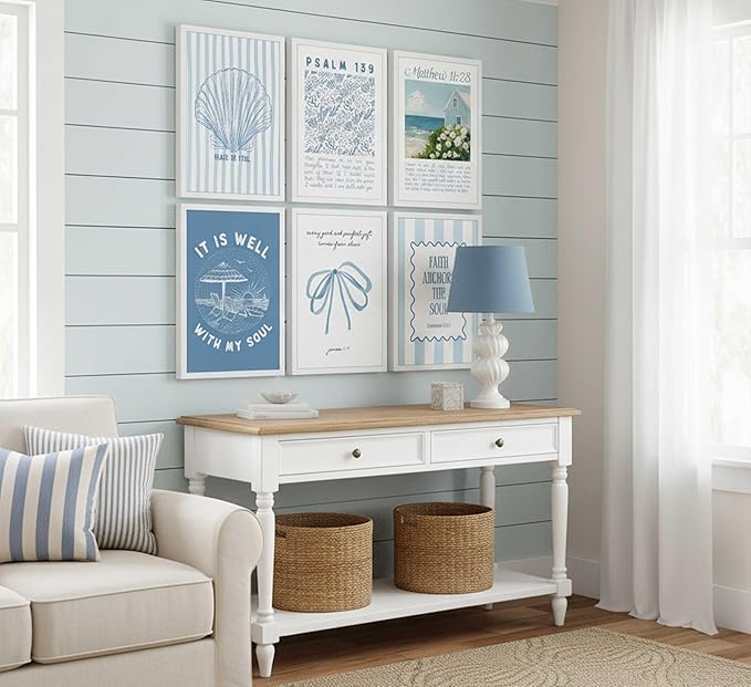 KXIAHTTEN 6pcs Blue Coastal Christian Canvas Wall Art Bible Verses Paintings Pictures Wall Decor Preppy Religion Aesthetics Poster Printing Artwork for Teen Girl Room Dorm Apartment Unframed