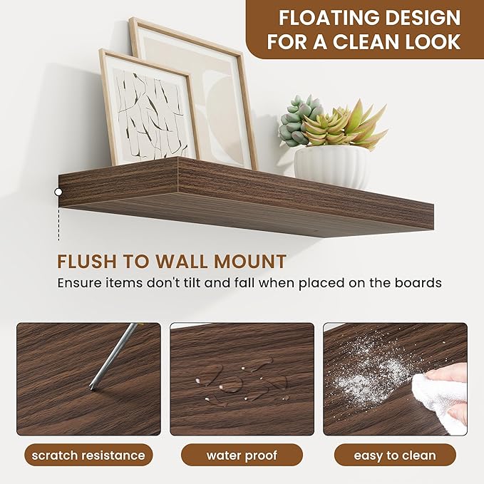 fuqing Floating Shelves for Wall, Wall Mounted Wood Floating Shelf with Invisible Brackets for Living Room, Bathroom, Bedroom, Kitchen Storage and Decor, 20 Inch Set of 2, Walnut