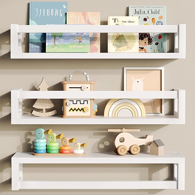 TidyCorner Upgraded Thick Floating Shelves, Solid Wood Bookshelf for Wall, Floating Book Shelves Use as Wall Shelves for Bedroom, Kids Room, Nursery, Books, Spice Rack & Decor - White