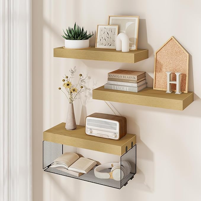 Acovy Bathroom Floating Shelves for Wall,16 inch Wall Mounted Floating Shelf Toilet Organizer and Storage,Small Farmhouse Decor Shelf,Oak,Set of 3