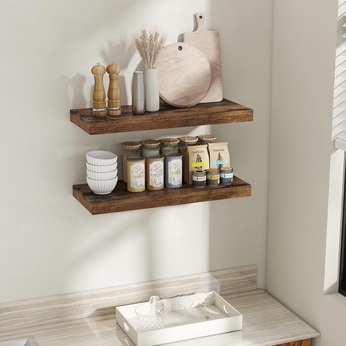 Fun Memories 30 Inch Brown Floating Shelves for Wall, 12 Inch Deep Shelves for Bathroom|Kitchen|Bedroom, Wall Mounted Rustic Wood Floating Shelf with Invisible Brackets for Books|Storage|Decor, 2 Pack