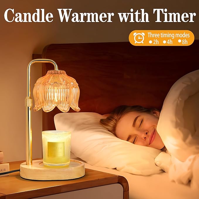 Candle Warmer Lamp with Timer Dimmer, Adjustable Height Candle Wax Warmer, Christmas Birthday Gift for Mom Women,House Warming Gifts for New Home Bedroom Decor,(Lotus Flower-Amber)