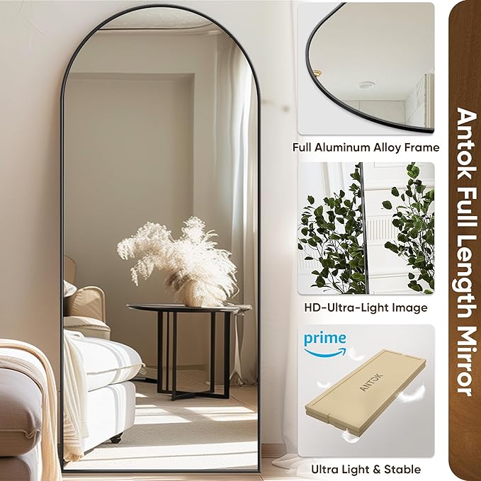 Antok Full Length Mirror, 21"x58" Floor Mirror with Stand, Hanging Mounted Mirrors for Bedroom, Living Room, Cloakroom, Dining Room, Black, Arched