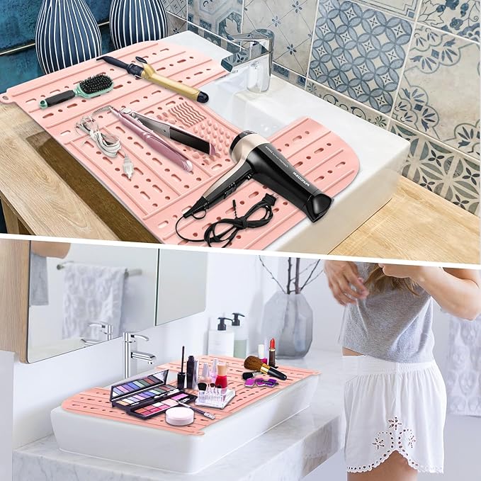 Bathroom Sink Cover for Counter Space, Foldable Silicone Makeup Mat with Hanging Loop Heat-Resistant Sink Cover for Makeup, 22 * 17" Space Saver Sink Organizer Mat for Bathroom, Pink