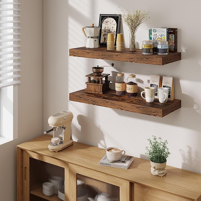 Fun Memories 32 x 12 Floating Shelves Wall-Mounted - Rustic Wood Shelf - 12 Inch Deep Floating Shelves for Wall - Large Storage Shelf for Bathroom - Kitchen & Bedroom - Rustic Brown - Set of 2