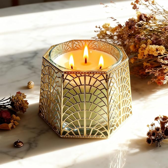 3 Wick Candle Holder, Golden Shell Design Candle Jar Holder for 4-Inch Diameter Jars (5.25" D x 3.5" H) (Golden)