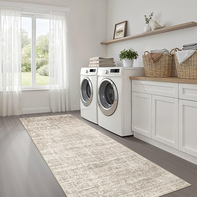 Runner Rug Non-Slip Kitchen Rug: 3x8 Washable Abstract Modern Soft Stain Resistant Indoor Floor Neutral Accent Throw Carpet for Hallway Bathroom Laundry Room Bedroom Entryway- Brown