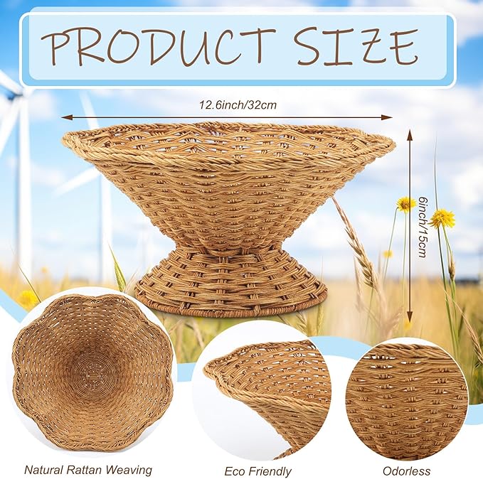 LemonRoad Rattan Fruit Bowl 12.6''x12.6''x6'' Large Round Decorative Kitchen Wicker Basket Wavy Rim Storage Bowl with Pedestal Base for Fruit Bread Storage Organization, Dining Table Centerpiece