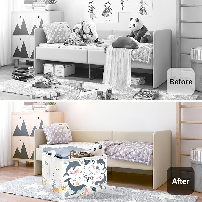Sea Animals Laundry Hamper Ocean Fish Coral Large Storage Basket Parents Organizer Kids Clothes Toy Bins for Bedroom, Bathroom, Blue Dolphins, 36L