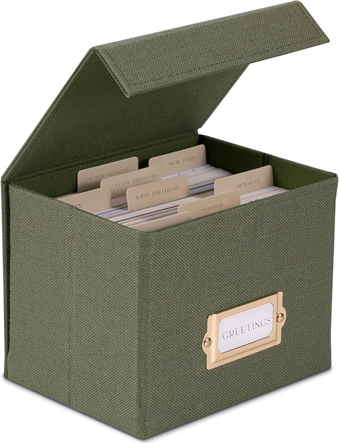 ZICOTO Beautiful Greeting Card Organizer Box With Dividers - Sturdy Linen Storage Box Easily Organizes All Your Greeting Cards in Style - Cute Card Holder Safely Stores Up to 300 Small Or Large Cards