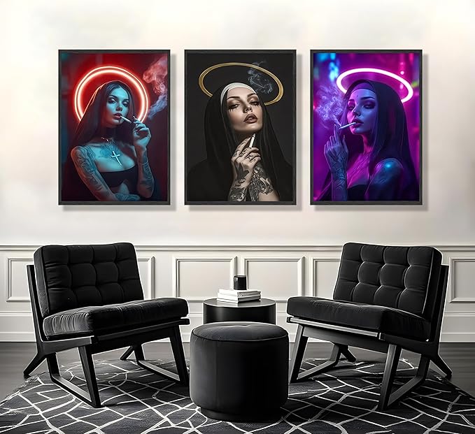 FJKLRP 3pcs Fashion Neon Nun Wall Art Cyberpunk Tattooed Feminine Canvas Print Dark neon Aesthetic Wall Decor for Bedroom Living Room Dorm Apartment Home Decor Unframed