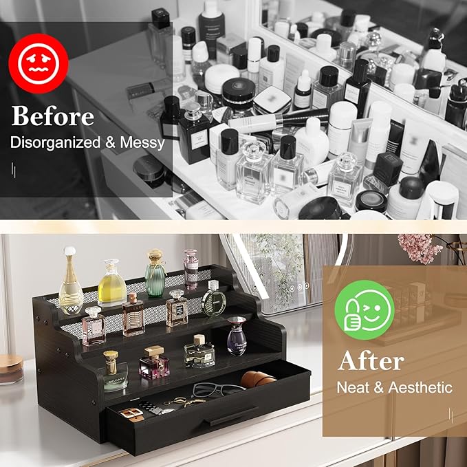 Cologne Stand for Men, 3 Tier Black Wooden Perfume Organizer with Drawer Storage, Perfume Display Shelf for Cologne, Watch, Skincare and Makeup, Perfect Birthday/Christmas Gift for Lovers & Fathers