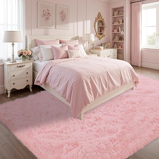 Fluffy Pink Area Rug for Bedroom Living Room Soft 8x10 Fuzzy Washable Rugs Non-Shedding Indoor Plush Rug for Nursery Kids Room Dorm Room Home Decor, High Pile Shaggy Floor Carpets(Dark Pink 8'x10')